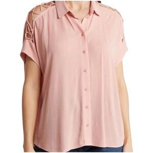 DR2 Women’s Pink Button‎ Up Crinkle Blouse Lace Up Shoulder Cutouts Size 2X EUC